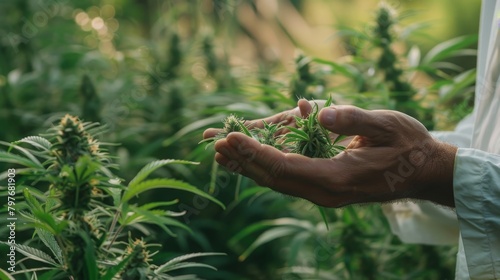 hands holding cannabis weed pot at a medical marijuana farm, 16:9