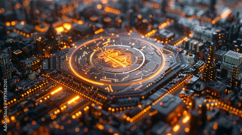 Circuit board with glowing orange Bitcoin symbol in the center.