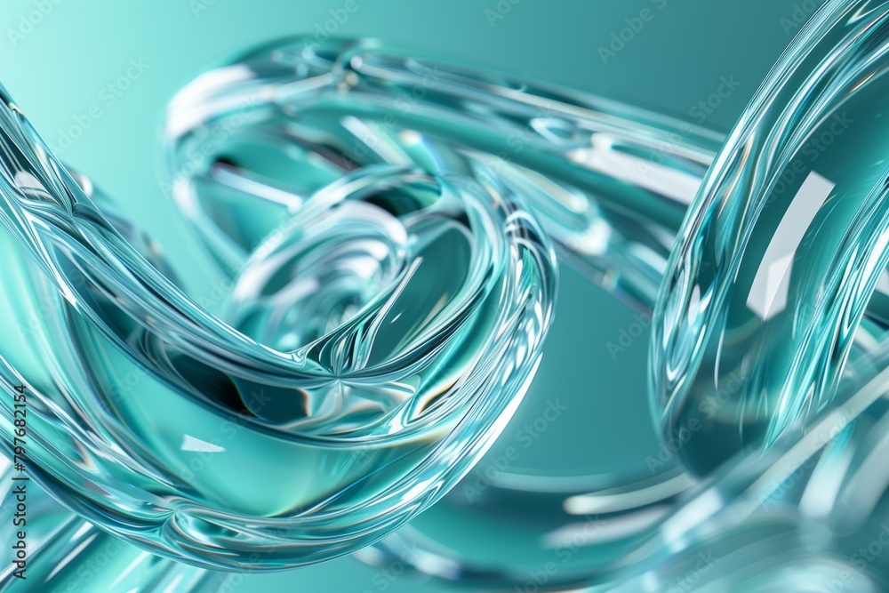 Abstract geometric turquoise background with glass spiral tubes, flow clear fluid with dispersion and refraction effect, crystal composition of flexible twisted pipes, modern 3d wallpaper, design elem Abstract geometric turquoise background with glass spiral tubes, flow clear fluid with dispersion and refraction effect, crystal composition of flexible twisted pipes, modern 3d wallpaper, design elem