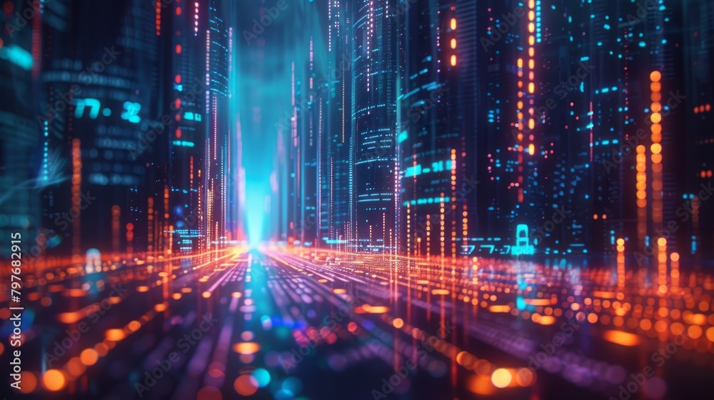 Cityscape of a digital world with glowing skyscrapers made of binary code Cityscape of a digital world with glowing skyscrapers made of binary code