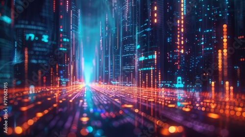 Cityscape of a digital world with glowing skyscrapers made of binary code