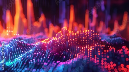 Colorful 3D rendering of a mountainous landscape with glowing particles.