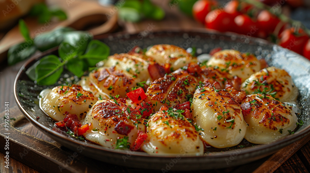Illustration of Polish food, with bacon sauce and herbs sprinkled on top. Restaurant menu. Tasty and beautiful. Illustration of Polish food, with bacon sauce and herbs sprinkled on top. Restaurant menu. Tasty and beautiful.