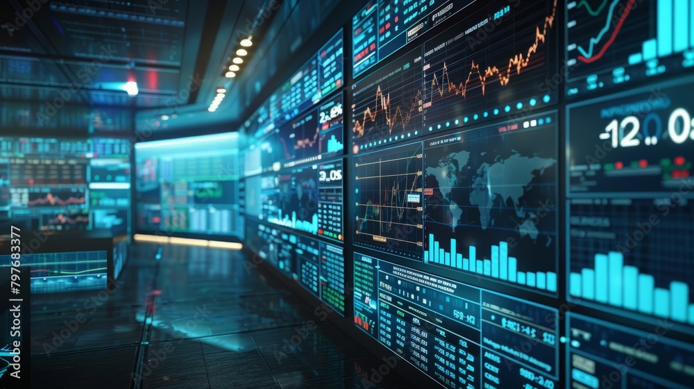 Futuristic command center with multiple screens showing various data and statistics. Futuristic command center with multiple screens showing various data and statistics.