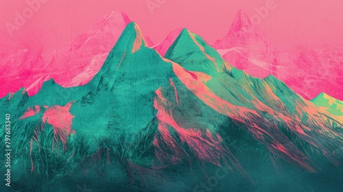 Abstract representation of a mountain range where each peak is bathed in a gradient of hot pink and bright green, defying conventional scenery photo