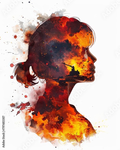 Double exposure illustration of a girl and war background