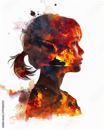 Double exposure illustration of a girl and war background