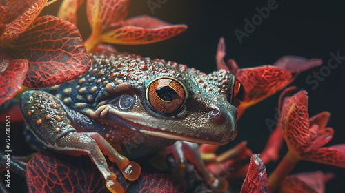 A captivating macro image of a frog surrounded by red leaves, with a focus on the amphibian's textured skin and clear, detailed eyes.
