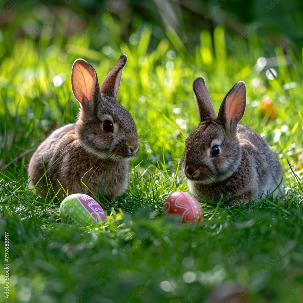Fototapeta premium Enchanting Easter: Fluffy Bunnies and Colorful Eggs on a Green Lawn, Bathed in Natural Light