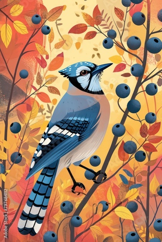 flat illustration of blue jay bird with calming colors photo