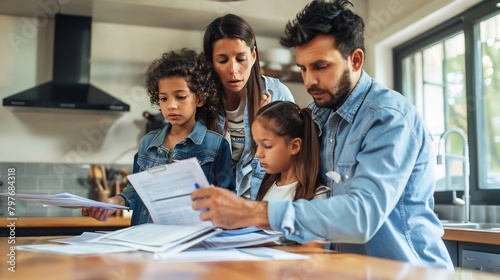 A surprised family gathered around the kitchen table, looking at a stack of bills and paperwork.