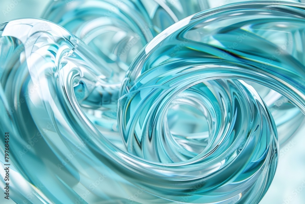 Abstract geometric turquoise background with glass spiral tubes, flow clear fluid with dispersion and refraction effect, crystal composition of flexible twisted pipes, modern 3d wallpaper, design elem Abstract geometric turquoise background with glass spiral tubes, flow clear fluid with dispersion and refraction effect, crystal composition of flexible twisted pipes, modern 3d wallpaper, design elem