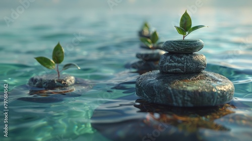 Pebbles stacked in water with green plants growing on them.