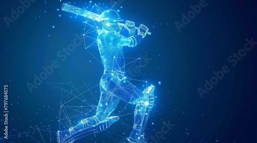 digital blue low poly cricket player with glowing data streams ai in sports analytics, player performance tracking systems, match prediction algorithms, training programs. wireframe player. 