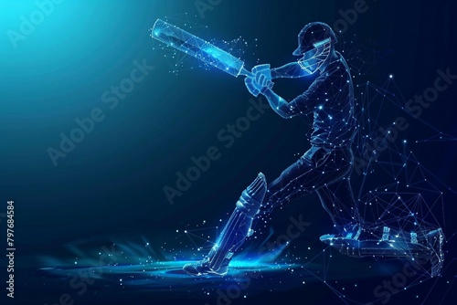 digital blue low poly cricket player with glowing data streams ai in sports analytics, player performance tracking systems, match prediction algorithms, training programs. wireframe player. 