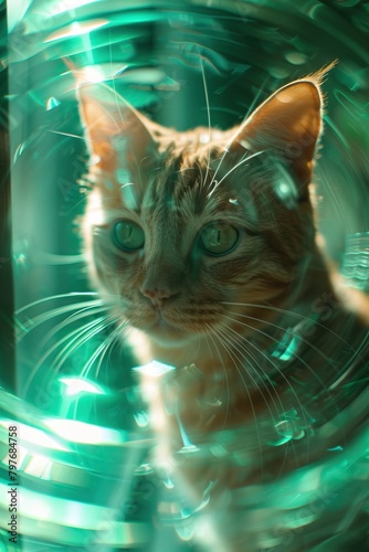 A ginger cat looking through a glass with a green background.