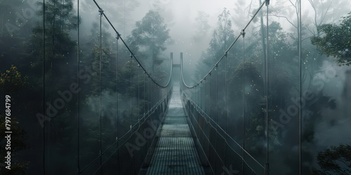 Suspension bridge in the foggy morning.  photo