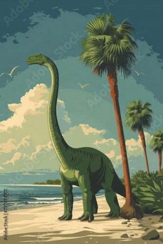 flat illustration of brachiosaurus with calming colors © Tina