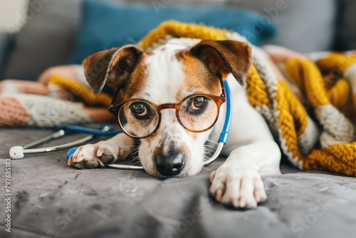 dog lies on the sofa wearing glasses with a toy stethoscope