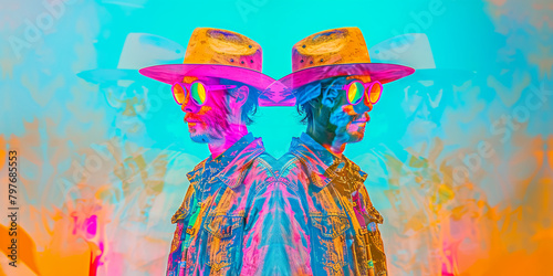 Fantasy hologram abstraction two men in hats