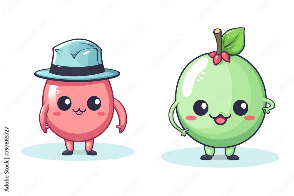 A digital illustration of two cartoon fruits. A red strawberry wearing a blue hat, and a green guava.