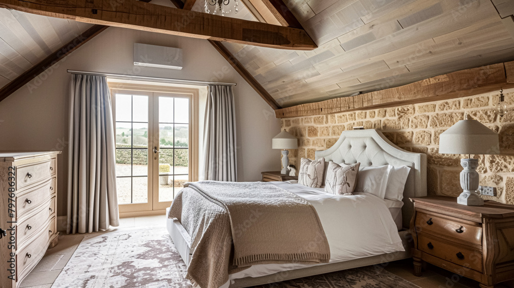 Cotswolds cottage style bedroom decor, interior design and home decor, bed with elegant bedding and bespoke furniture, English countryside house or holiday rental