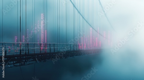 Illustration of a view of a suspension bridge with a double exposure effect, a diagram of a business financial report