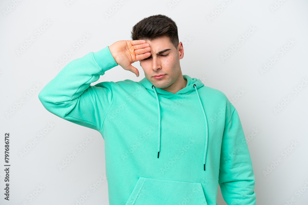 Young caucasian man isolated on white background with tired and sick expression Young caucasian man isolated on white background with tired and sick expression