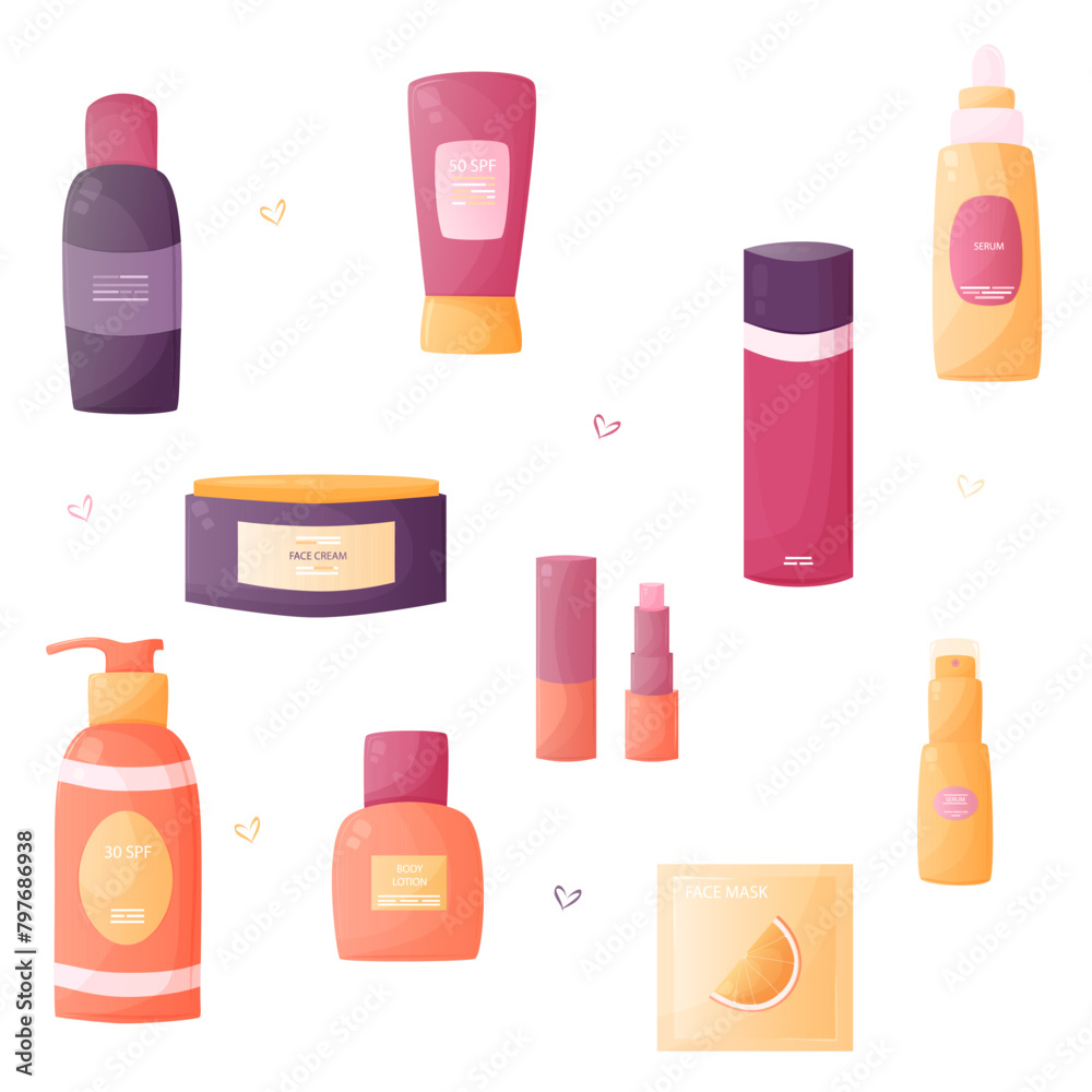 Vector Skin Care Products set on white background. Creams SPF 50, serum, face mask, lip balm, lotion Vector Skin Care Products set on white background. Creams SPF 50, serum, face mask, lip balm, lotion