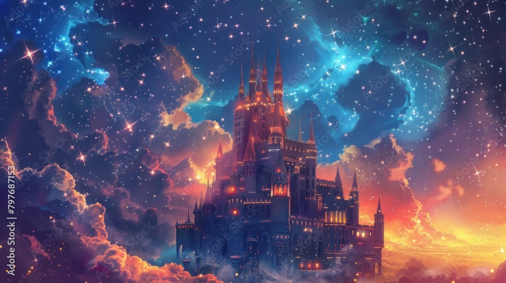 Enchanting celestial palace in the sky with glowing constellations and twinkling stars.