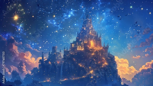 Enchanting celestial palace in the sky with glowing constellations and twinkling stars. © Postproduction