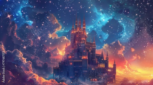 Enchanting celestial palace in the sky with glowing constellations and twinkling stars.