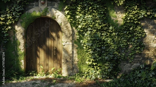 Magical secret garden hidden behind old ivy-covered wall with hidden door leading to a world of wonder.