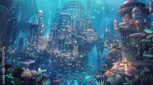 Fantastical underwater city with merpeople, sea creatures, and coral architecture © Postproduction