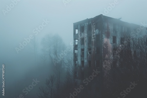 An abandoned building, partially hidden by the thick mist photo