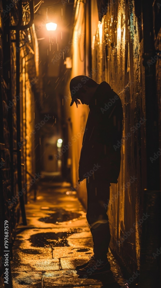 Man standing alone in a dark alleyway