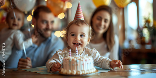A image of a baby celebrating their first birthday with balloons, cake, and family members, marking the joyous milestone with smiles and laughter photo
