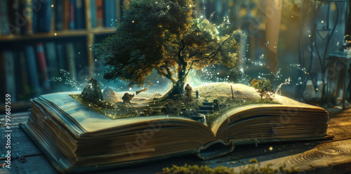 Illustrate a magical world hidden within the pages of a book, with characters and scenes coming to life as the pages turn.