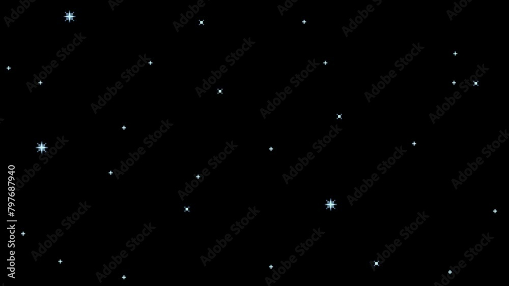 Animated pixel art space background. Glowing stars moving vertically seamless looping animation. Retro video game open space concept. 4K motion design.