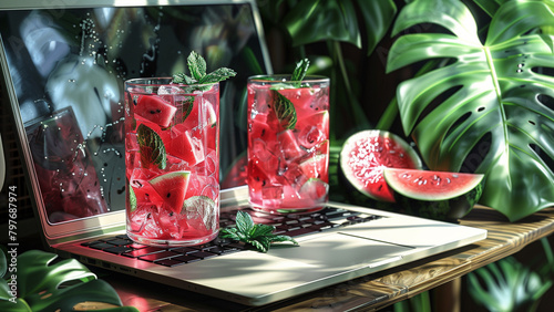 Chill Sips- Visualize a sun-kissed patio. The laptop screen displays a recipe for a refreshing watermelon mint cooler. Gather your backpack, head to the kitchen, and blend this hydrating elixir