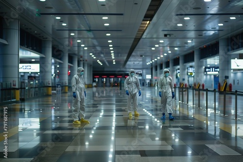 Airport staff wearing protective gear in a nearly empty terminal