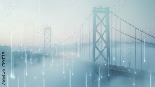 Illustration of a view of a suspension bridge with a double exposure effect, a diagram of a business financial report
