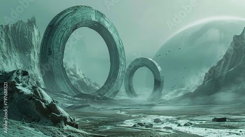 Alien landscape with large stone ring structures, sci fi photo