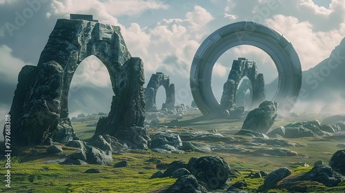 Alien landscape with large stone ring structures, sci fi