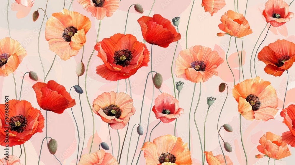 Poppy pattern on pale pink background. Poppy pattern on pale pink background.