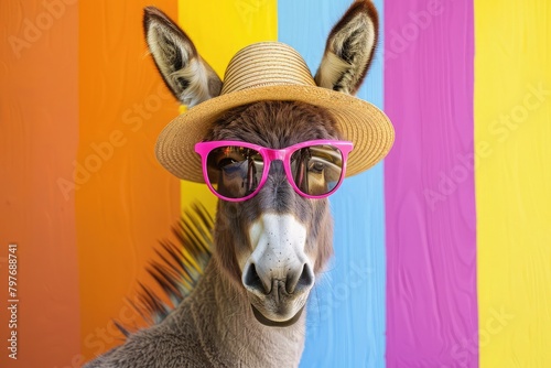 Donkey wearing sunglasses and straw hat on a colorful background.