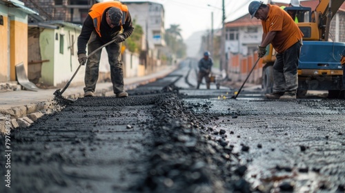 Workers Laying New Asphalt Road Pavement in a Residential Area