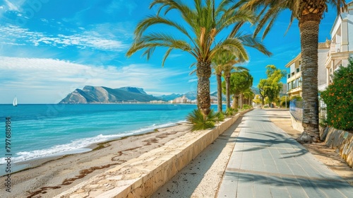 Tropical beach promenade with palm trees and clear blue sky  serene sea with sailboat in distance. Exotic vacation destination for summer.