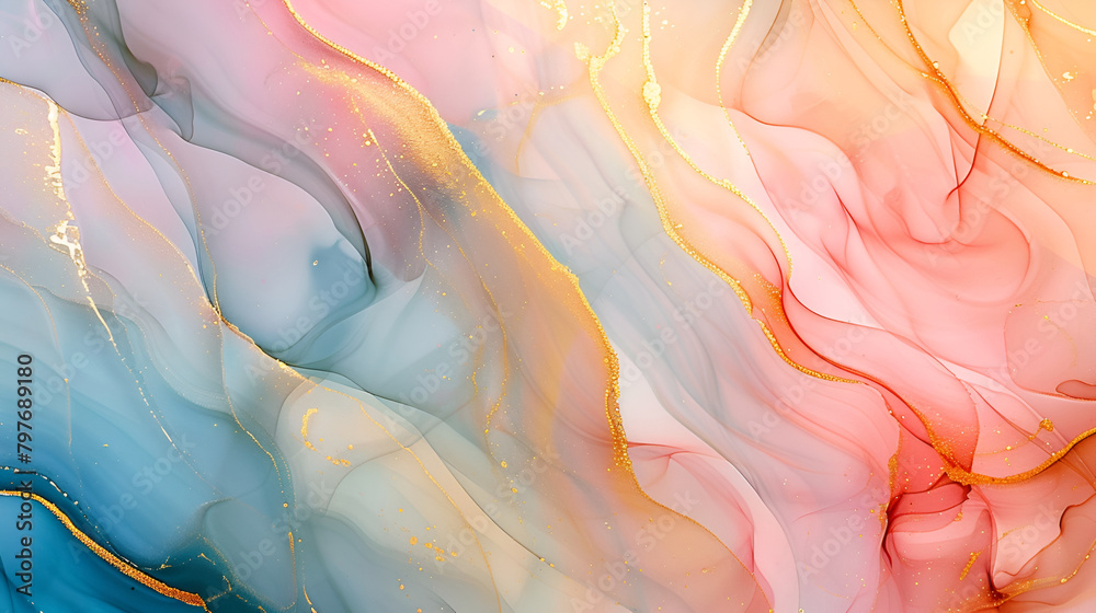 Natural luxury abstract fluid art painting in liquid ink technique, Tender and dreamy wallpaper ,Mixture of colors creating transparent waves and golden swirls ,For posters, other printed materials
