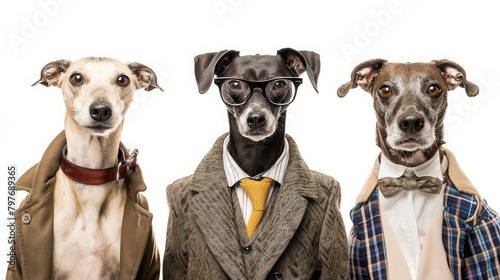 dressed dogs in front of white background
